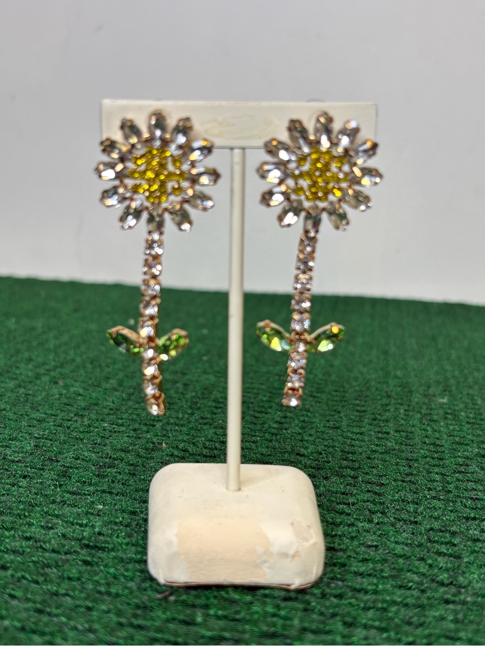 Sunflower Crystal Drop Earrings - Yellow & Green
